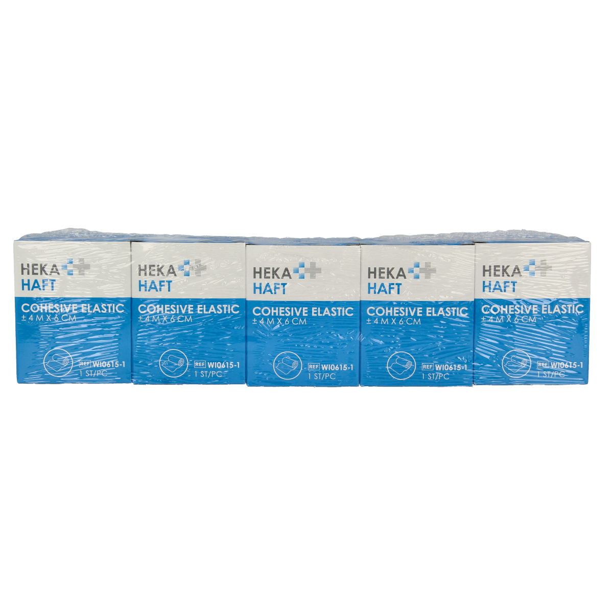 Hekahaft cohesive windsel, 4m x 6cm, 5-pack, beige elastic bandage for securing dressings or support.