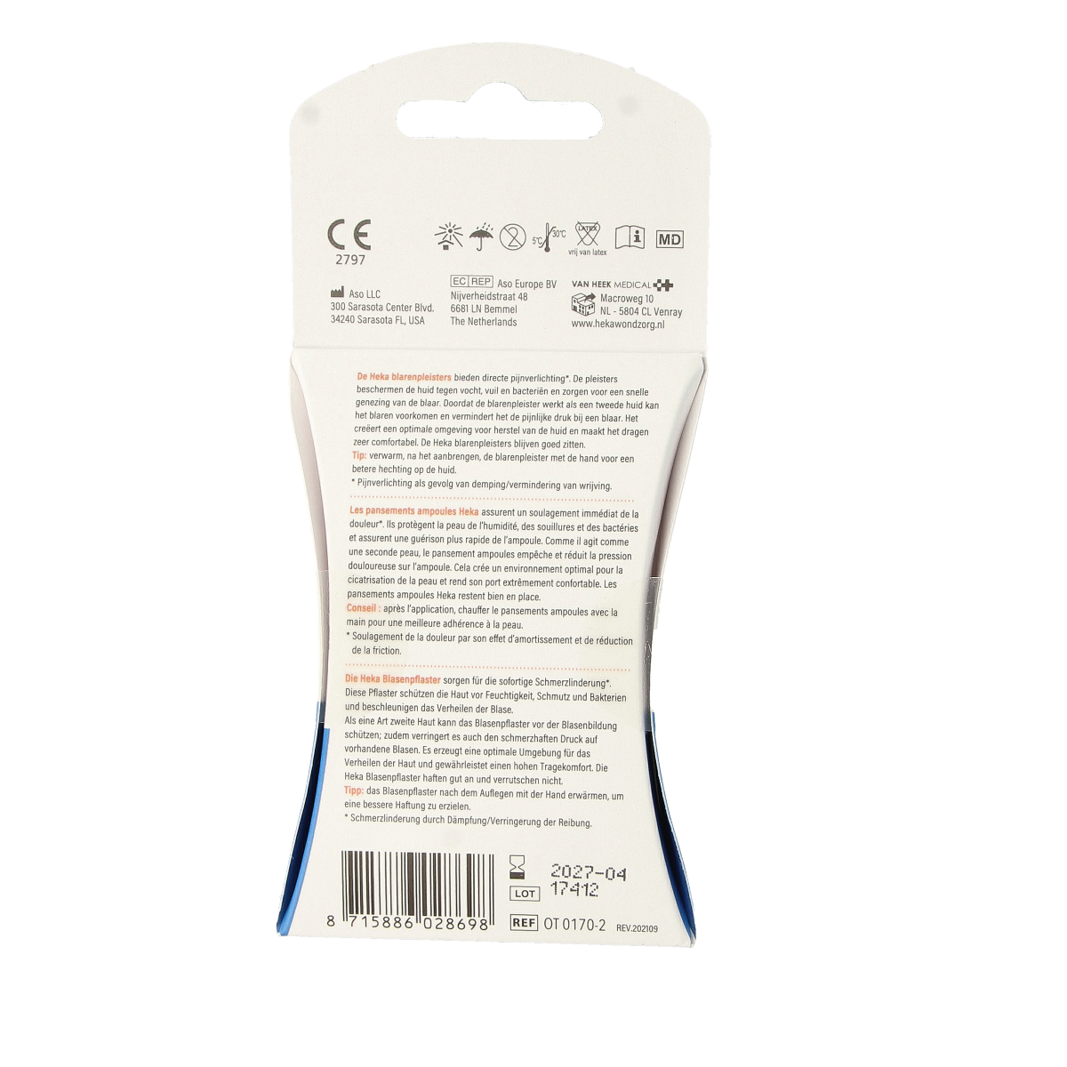 Heka Blarenpleisters medium 42x68mm for foot care, pack of 6, adhesive blister plasters for foot protection and healing.