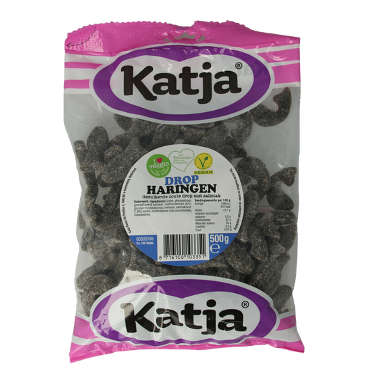 Katja Dropharingen snoepgoed in een zak van 500 gram, kleurrijk en zoet, geschikt voor liefhebbers van fruitige snoepjes.
