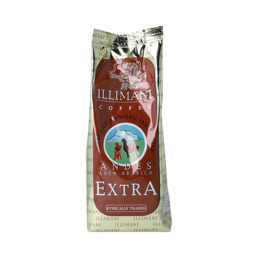 Illimani Andes Snelfilter bio coffee 250g bag, organic coffee beans for brewing, with packaging and label visible.