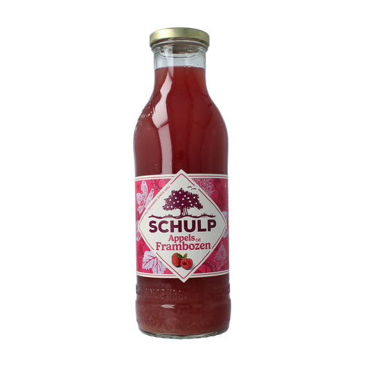 Schulp Appel en frambozensap 750ml bottle showing colorful label with apples and raspberries on a white background.