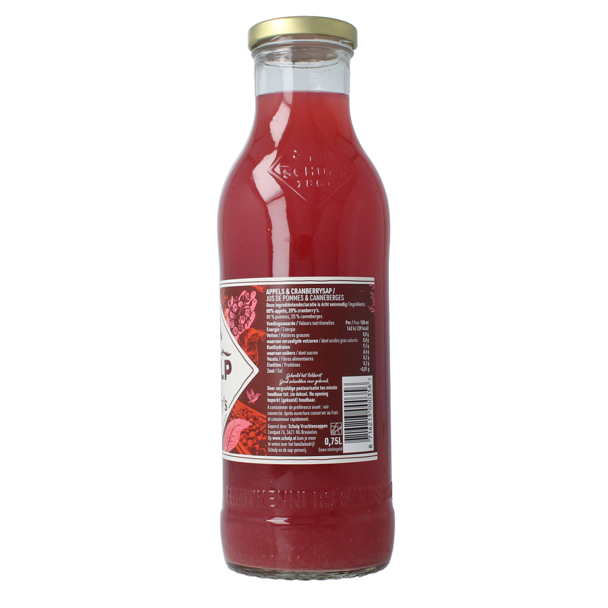 Schulp Appel en cranberrysap bottle, 750ml, in clear glass with label showing apple and cranberry images.