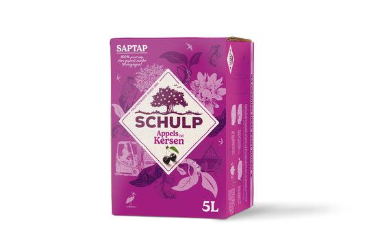 Schulp Saptap apple and cherry juice in a 5-liter bottle, refreshing drink from Schulp, with apple and cherry flavors visible.