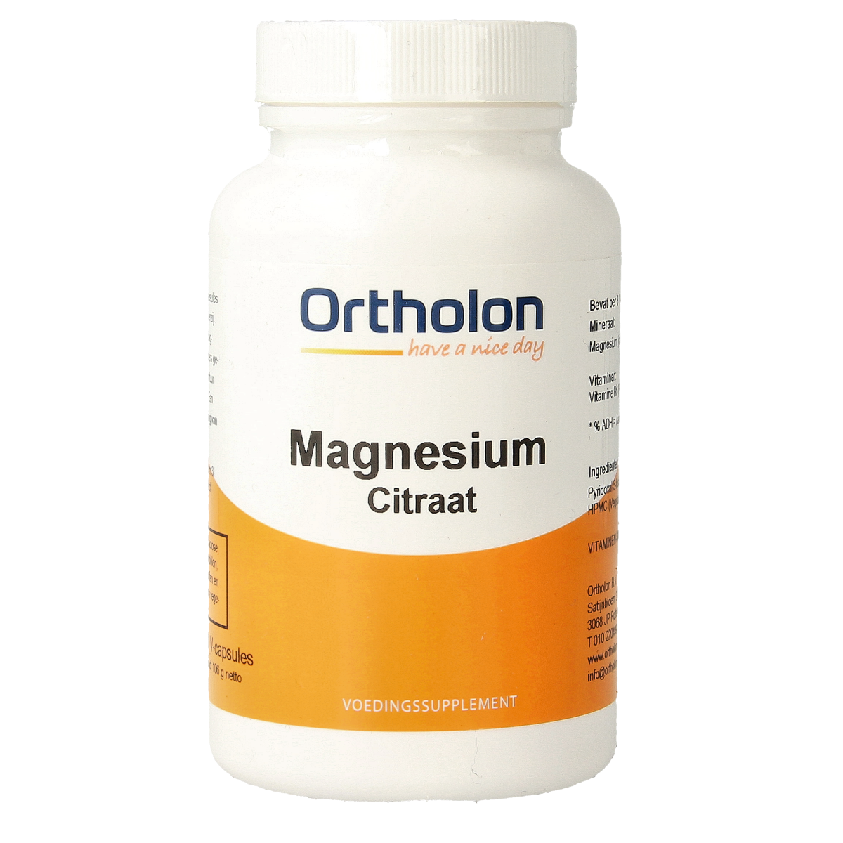 Ortholon Magnesium Citraat vegetarische capsules, 120 count, showing the mineral supplement capsules in a bottle.