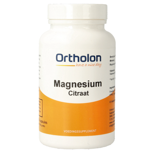 Ortholon Magnesium Citraat vegetarische capsules, 120 count, showing the mineral supplement capsules in a bottle.