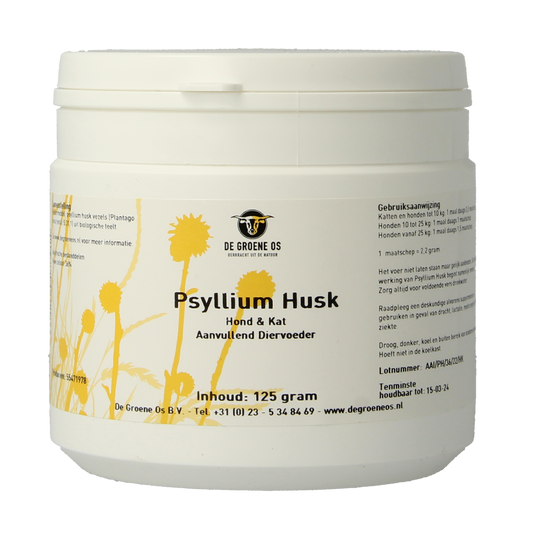 Groene Os Psyllium husk voedingssupplement voor honden en katten, 125 gram, natuurlijke vezelbron voor dierengezondheid.