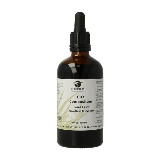 Groene Os Cox Compositum paard/pony voedingssupplement in 100ml bottle, suitable for horse and pony health.