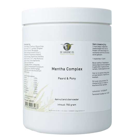 Groene Os Mentha complex voor paard en pony, 750 gram, natuurlijke verzorgingsproduct met mint aroma.