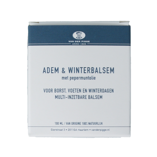 Van der Pigge Adem & winterbalsem 100ml body care product with a white and blue container, designed for soothing and warming skin.