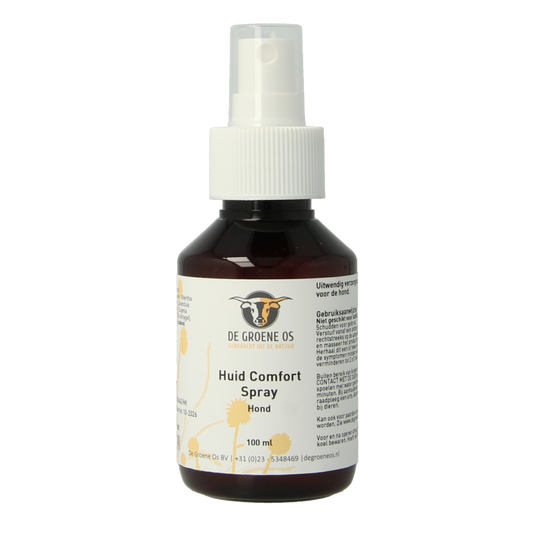 Groene Os Huid Comfort Spray voor honden, 100 ml, met natuurlijke ingrediënten, in sprayfles, geschikt voor huidverzorging van honden.