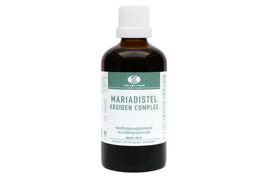 Van der Pigge Mariadistel kruidencomplex bottle, herbal supplement in 100ml container showing the product label and packaging.