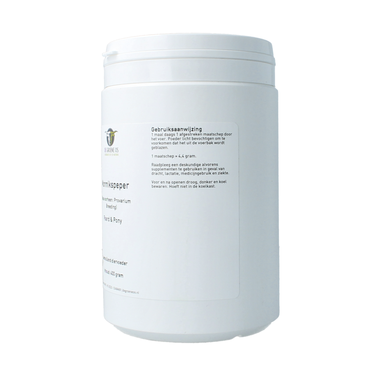De Groene Os Monnikspeper paard & pony voedingssupplement, 400g, in een open container met muntachtige plant.