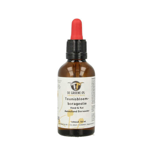 Groene Os Teunisbloem Borage olie voedingssupplement voor honden en katten, 50ml, natuurlijke diergezondheid ondersteuning.