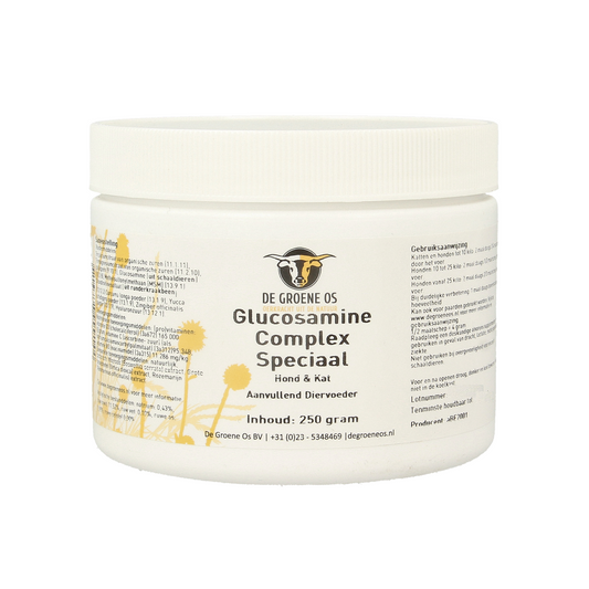 Groene Os Glucosamine complex voedingssupplement voor honden en katten, 250 gram, ondersteunende gewrichten en mobiliteit.