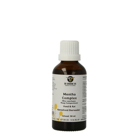 Groene Os Menta complex dierenvoedingssupplement voor honden en katten in 50ml fles, menthol en natuurlijke ingrediënten