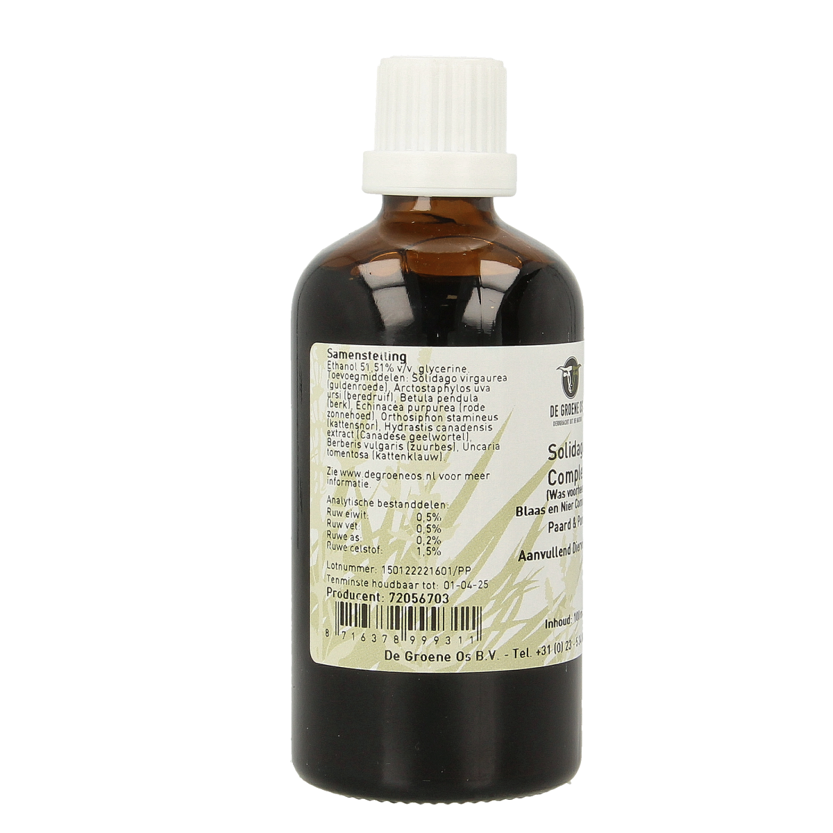 Groene Os Solidago complex voedingssupplement voor paarden en pony's in 100ml fles, geschikt voor dieren.