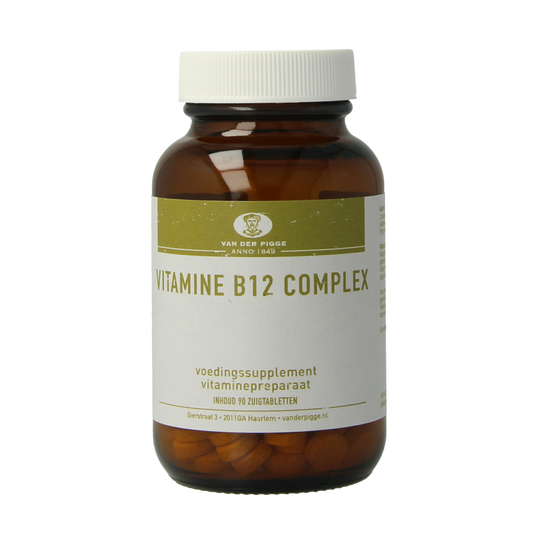 Van der Pigge Vitamin B12 complex 90 chewable tablets, close-up of the supplement packaging and tablets on a white background.