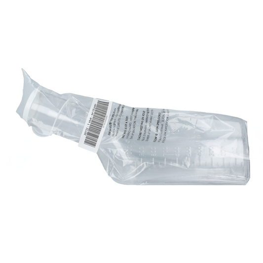 Comfort Urinaal for men, 1-liter clear triangular catheter with cap, disposable urinary device for medical use.