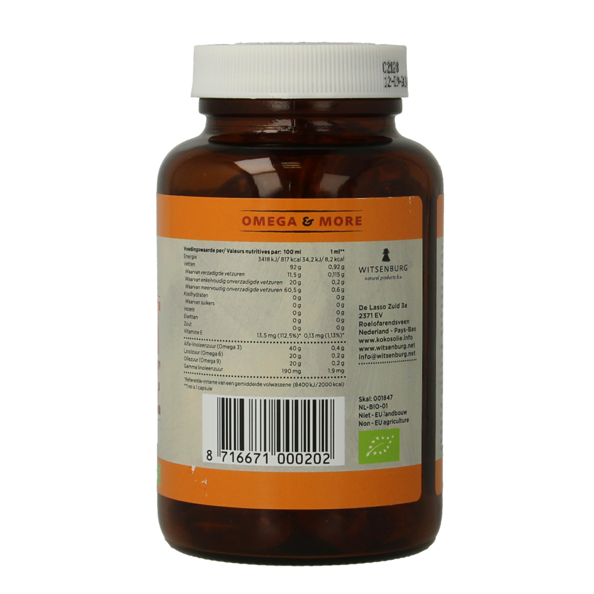 Omega & More Perfect Balance Bio Vetzuren softgels in a transparent bottle with a white label and softgel capsules inside.