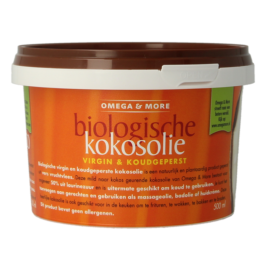 Omega & More extra virgin organic coconut oil in a 500ml bottle, shown in a clear image highlighting the product label and packaging.