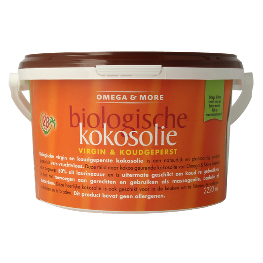 Omega & More extra virgin organic coconut oil in a 2220ml bottle, natural and pure coconut oil for cooking and skincare.