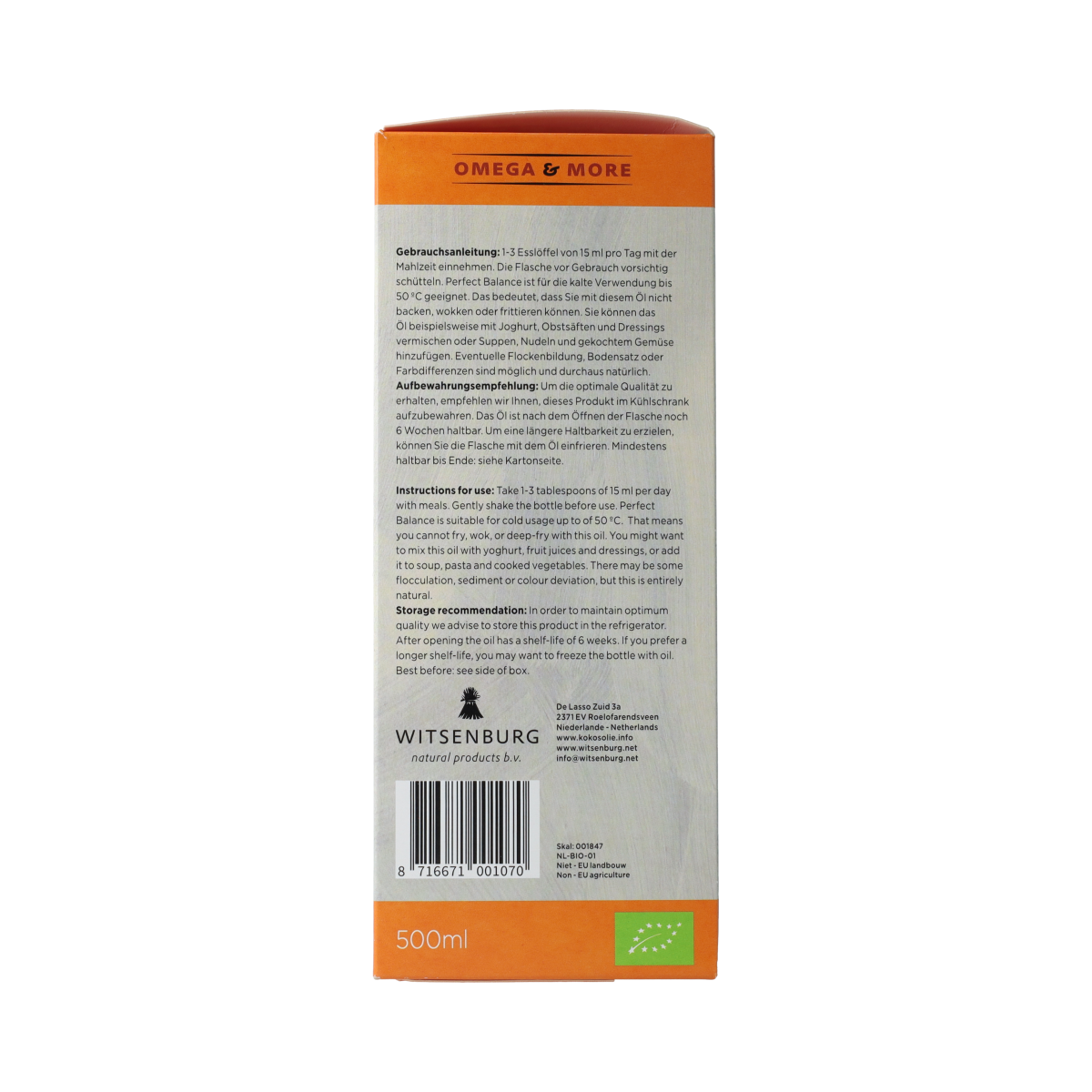 Omega & More Perfect Balance Bio oil bottle, 500ml, with a clear label and pump dispenser, showcasing a healthy skincare oil.