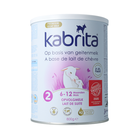 Kabrita Opvolgmelk 2 baby and toddler formula in a 800g container, natural goat milk-based baby feeding product.