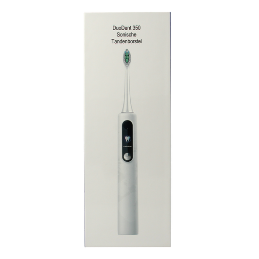 Duodent 350 Sonic electric toothbrush with digital display, close-up of the toothbrush head and sleek design.