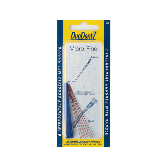 Duodent interdental brush microfine 0.5mm, pack of 6, for cleaning between teeth with precision.