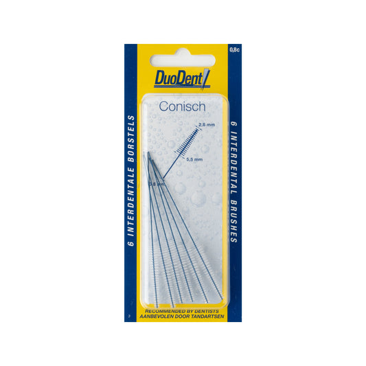 Duodent conical interdental brush 2.8mm, set of 6, for effective cleaning between teeth, part of Duodent Tandenstokers en Ragers line.
