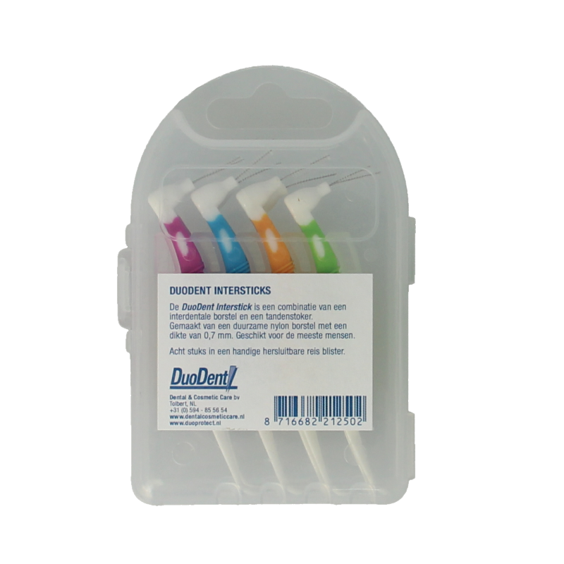 Duodent Intersticks in reisblister, 8 tandenstokers and ragers for oral hygiene, compact travel case with Duodent branding.