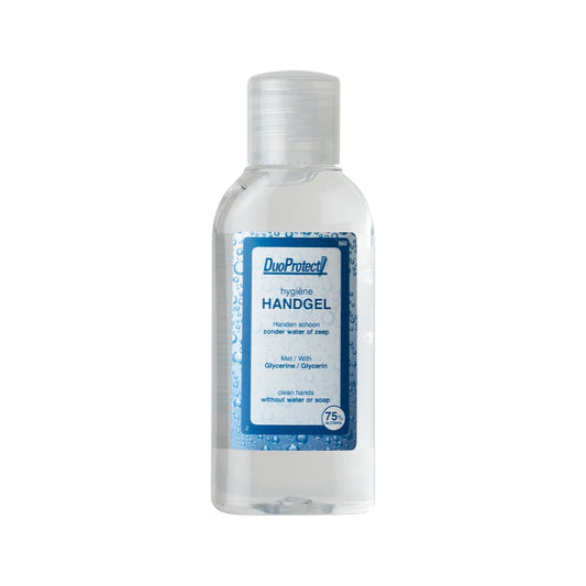 Duoprotect handgel reisflesje 100ml, compact handverzorging gel in travel-sized bottle with labeling and transparent packaging.