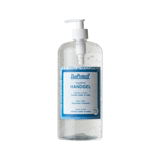 Duoprotect Handgel 1.00 Liter bottle, hand care product with clear label, designed for skin protection and hygiene.