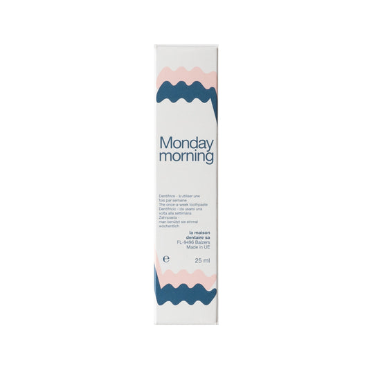 Monday Morning Tandpasta in 25ml tube, showing the toothpaste packaging with branding and product details.