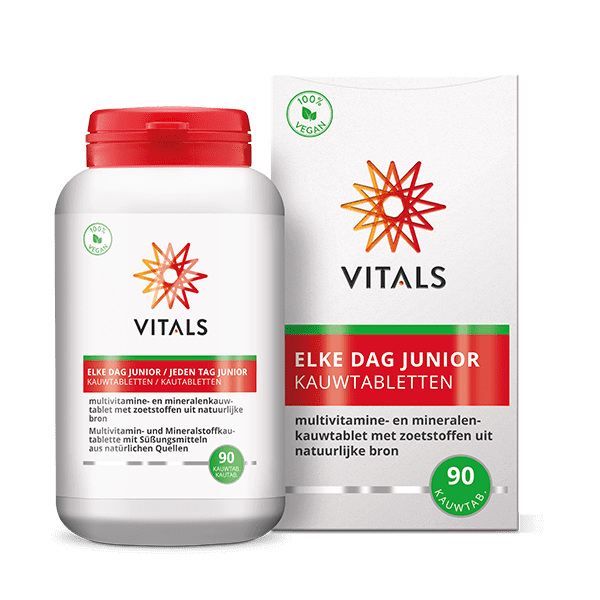 Vitals Elke dag junior multivitamin chewable tablets for children, featuring colorful tablets in a clear container.