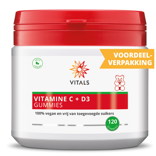 Vitals Vitamine C + D3 multivitamin gummies in a clear container, showing colorful gummy tablets for immune support.