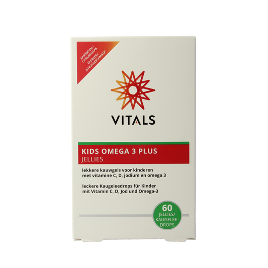 Vitals Kids Omega 3 Plus Jellies, colorful soft gummies with omega-3 vitamins for children, 60 pieces in a resealable container.