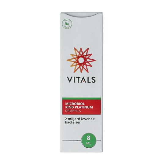 Bottle of Vitals Microbiol Kind Platinum probiotic supplement with a white and green label, 8ml micro-organisms liquid.