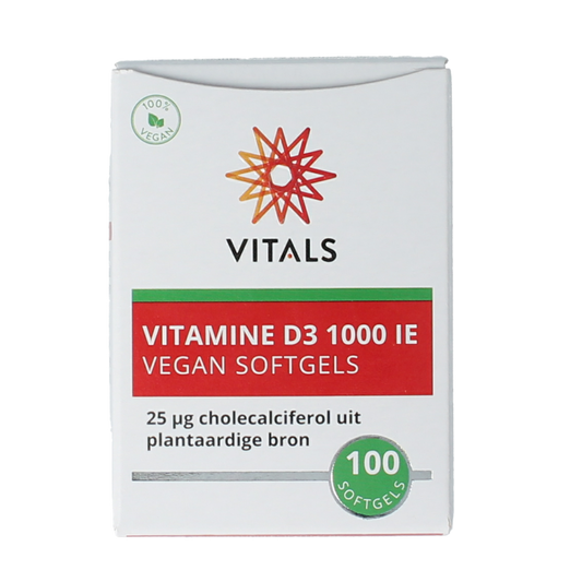 Vitals Vegan Vitamin D3 1000IU softgels bottle with 100 capsules, supplement for bone health and immune support