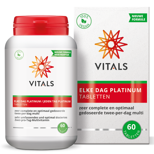 Vitals Elke Dag Platinum multivitamin tablets in a bottle, showing the packaging and tablets inside.