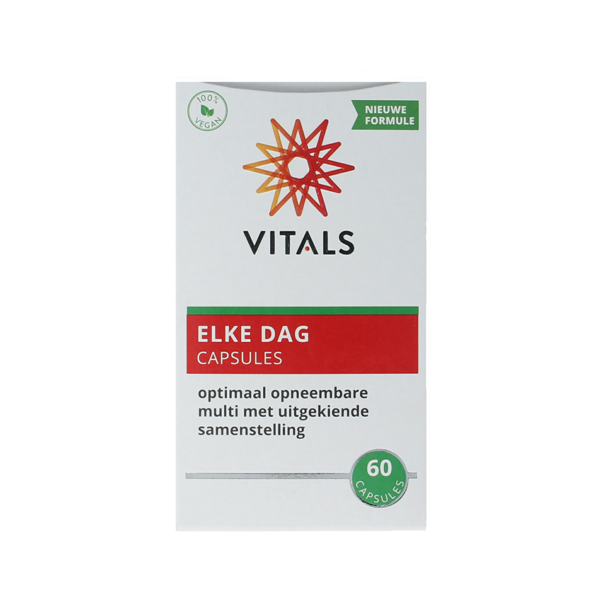 Vitals Elke Dag multivitamin capsules in a container, 60-count, featuring colorful capsules for daily vitamin and mineral support.