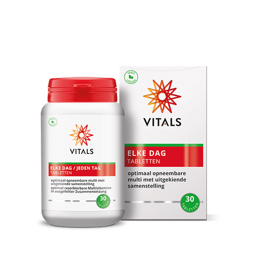 Vitals Elke dag multivitamin tablets in a bottle, showing a colorful label with the Vitals brand logo and tablet details.