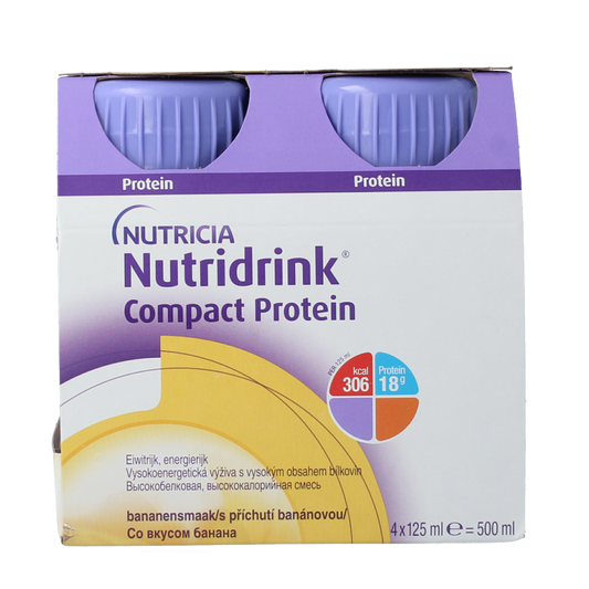 Nutricia Compact Protein banaan medical dietary nutrition packs, 125g each, showing four banana-flavored protein supplement containers.