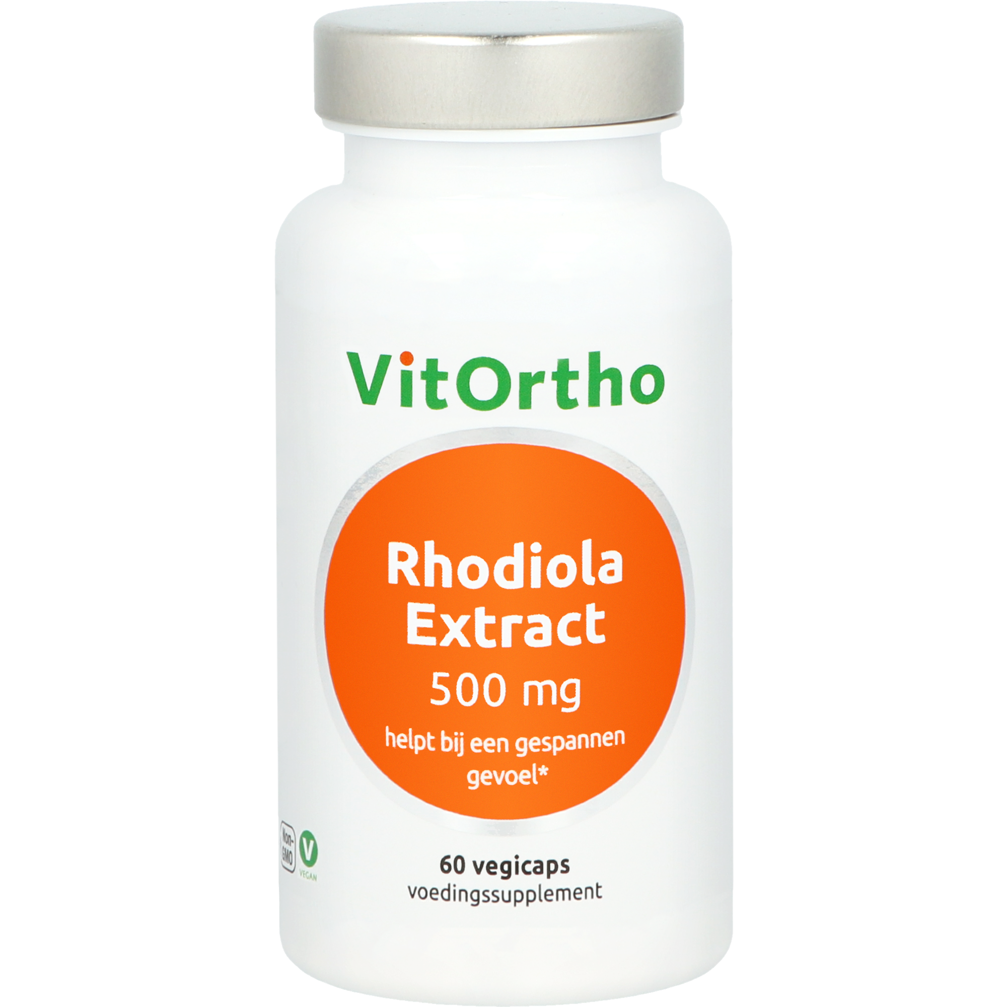VitOrtho Rhodiola extract vegetarian capsules, 500mg herbal supplement in a container with label showing product details.