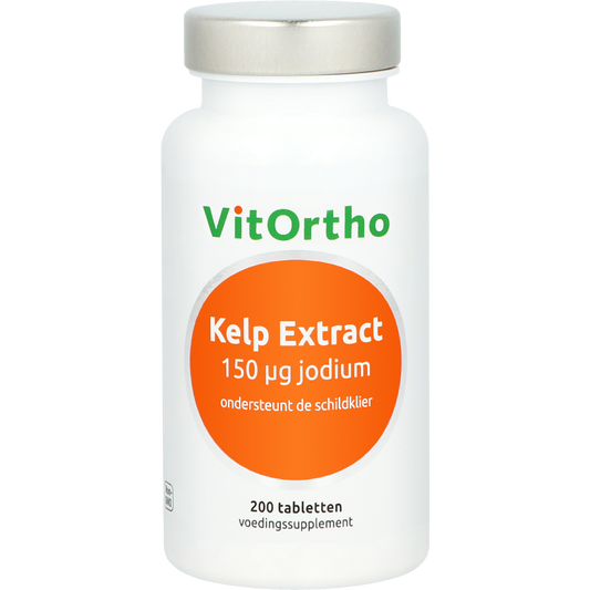 VitOrtho Kelp extract supplement with 150 mcg iodine tablets, dietary mineral support, in a small blister pack.