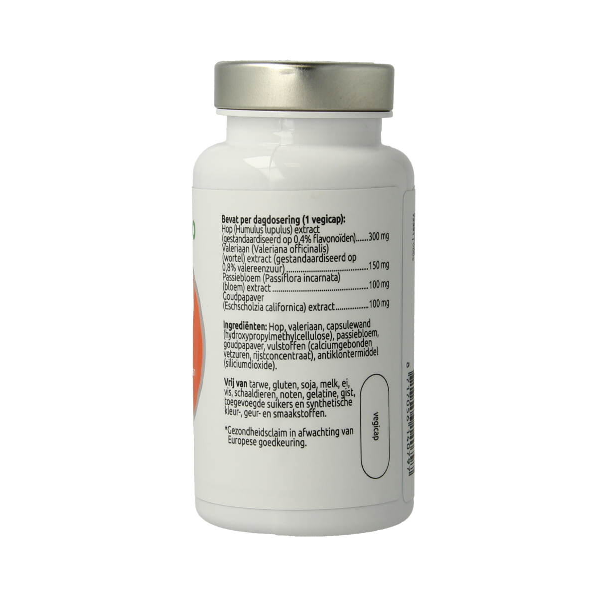 VitOrtho Slaap 4 in 1 vegetarian capsules, herbal supplement for sleep support, shown in a clear bottle with capsules inside.