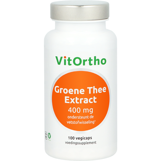 VitOrtho Groene Thee Extract capsules, 400 mg herbal supplement in a bottle with 100 capsules, natural herbal product.