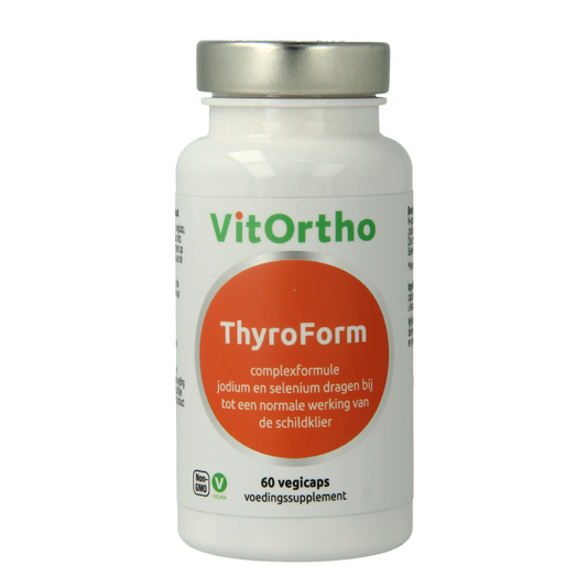 VitOrtho ThyroForm 60 vegetarian mineral capsules, dietary supplement in a clear bottle, with label showing product details.