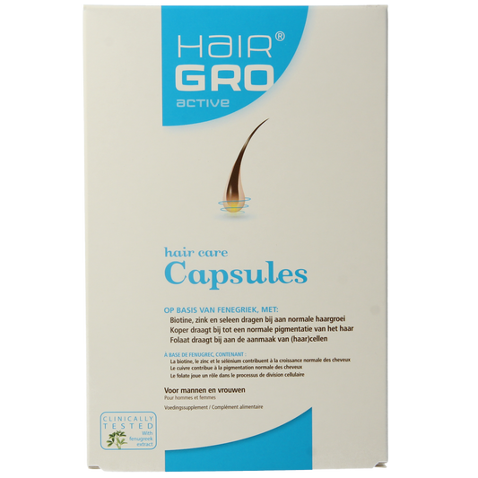 Hairgro Active multivitamin capsules for hair growth, featuring 60 capsules in a clear container with colorful label and branding.
