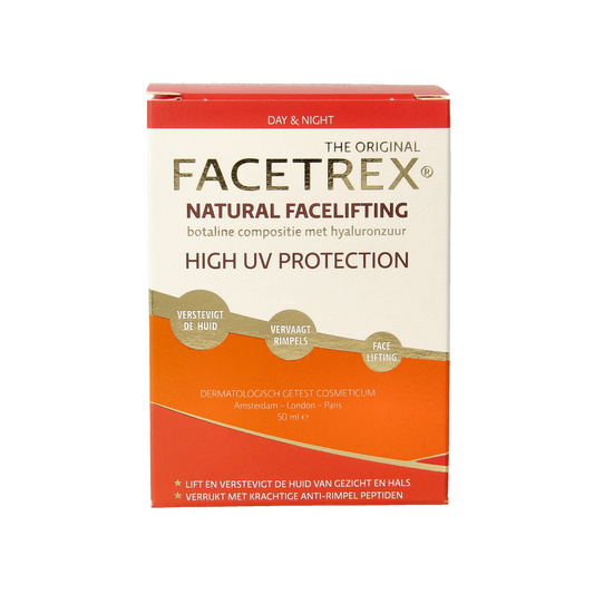 Facetrex Natural Facelifting facial care cream in 50ml jar, hydrating skincare product from Facetrex with natural ingredients.